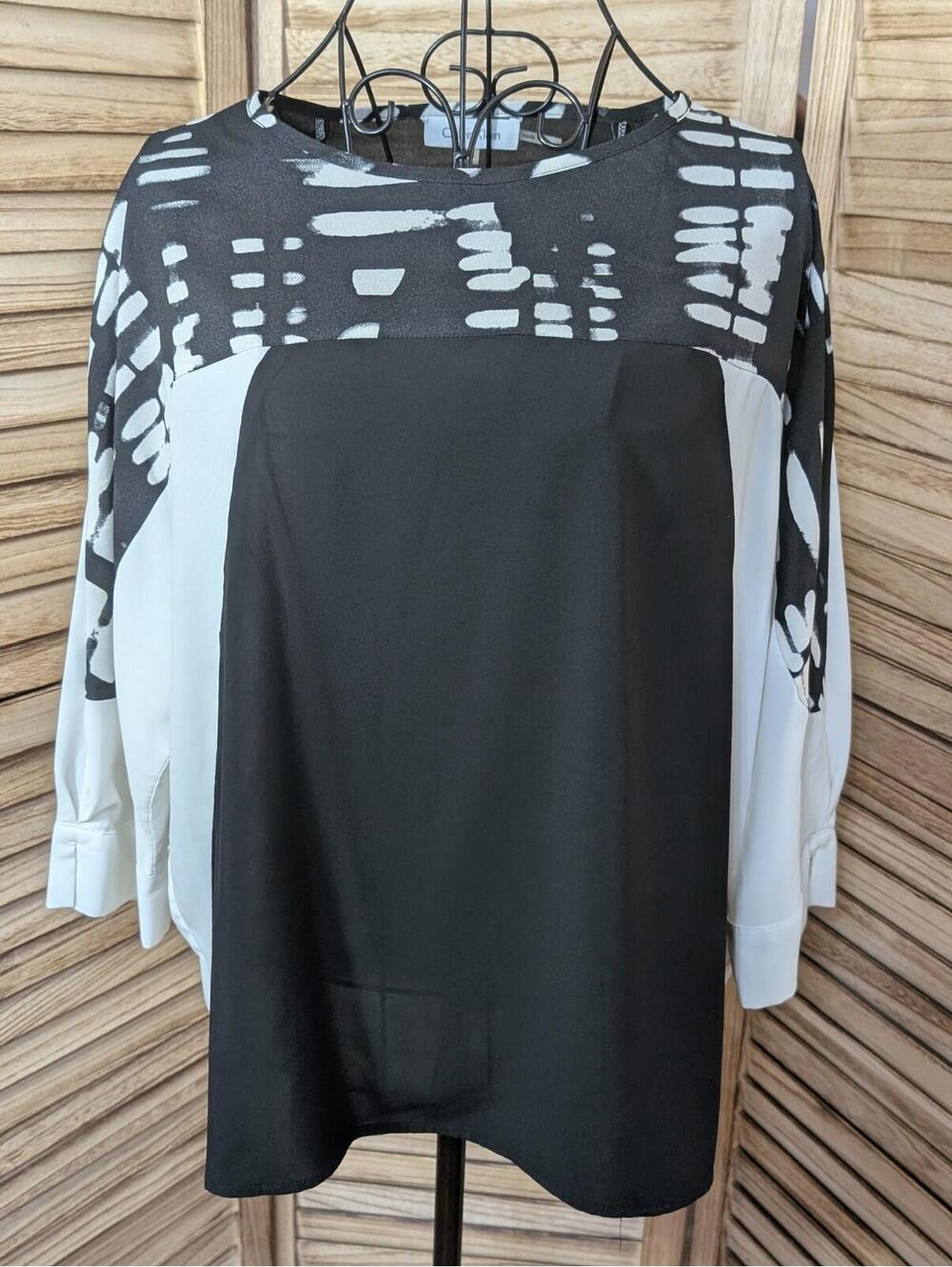 Calvin Klein Round Neck/ Short Sleeve/Abstract Black/Grey/Gold Back Zipper/Sz XS